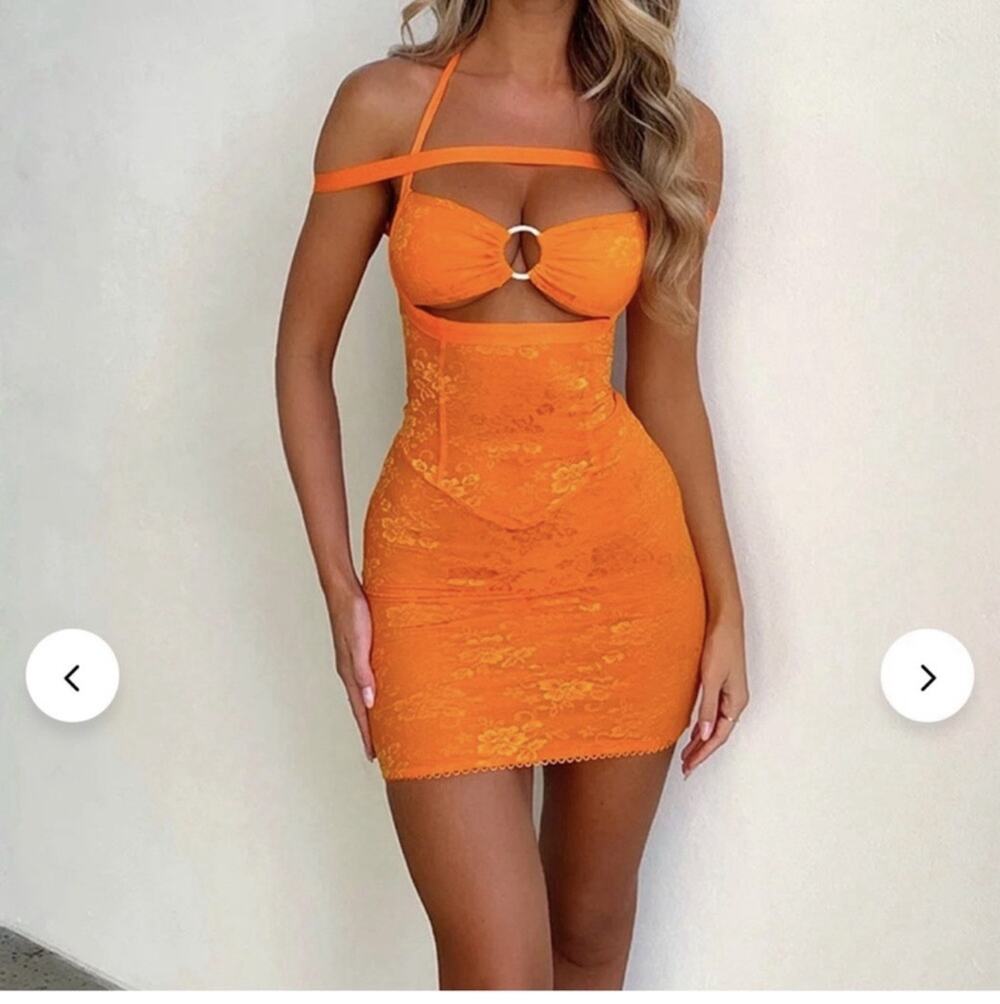 Outcast Orange Mesh Dress Sz M Strappy Y2K Club Wear Barbie core Tropical Resort